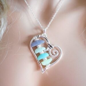 Heart Tumbled Shaped Sea Glass Necklace and Earrings